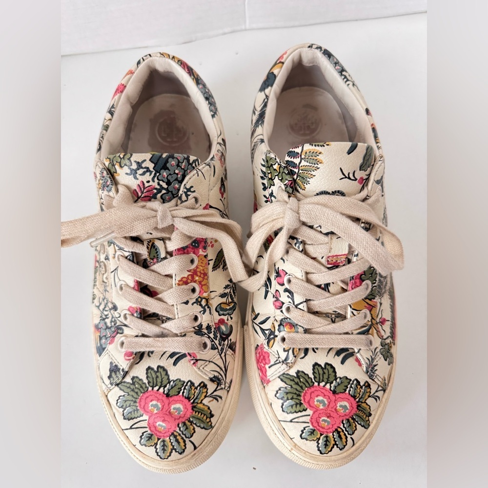 Tory Burch White Floral Print Leather Amalia Low Top Sneakers Women’s Size 8 - Picture 3 of 11